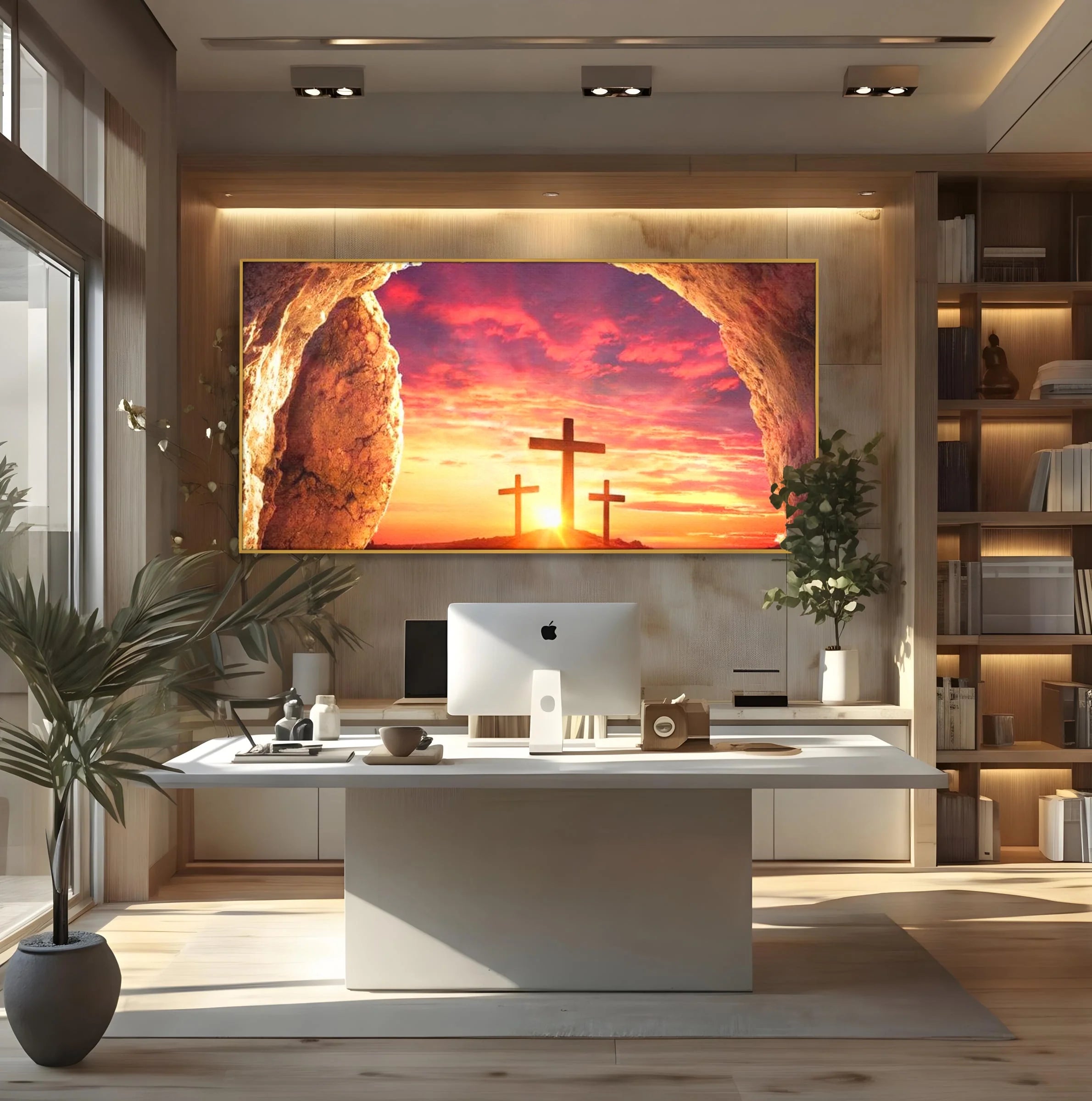 Tablou canvas cu tablou canvas cu trei cruci la rasarit, in rama de aluminiu auriu, pe perete intr-un birou